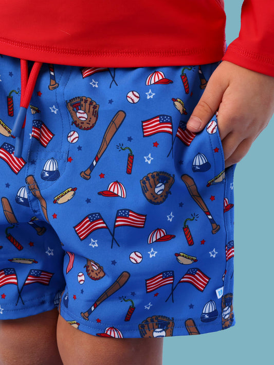 Boys Blue Stars & Strikes Baseball Performance Hybrid Swim Trunks
