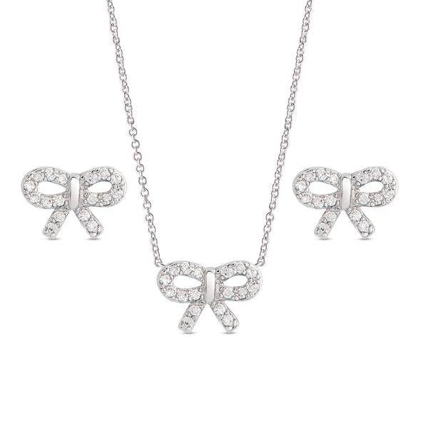 CZ Bow Pendant And Stud Earrings Set In Sterling Silver