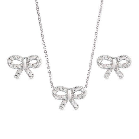 CZ Bow Pendant And Stud Earrings Set In Sterling Silver