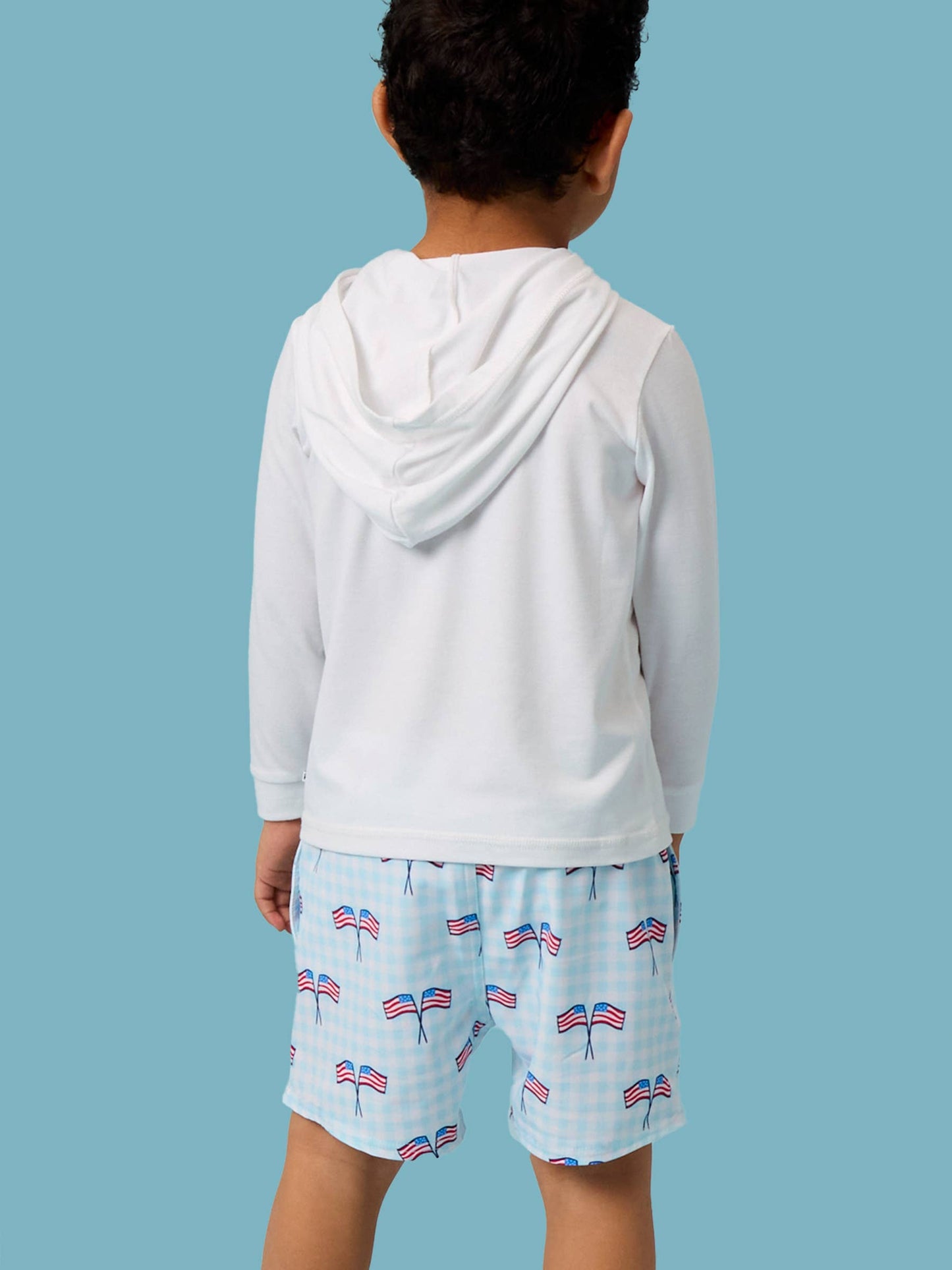 Boys Blue Patriotic Gingham Performance Hybrid Swim Trunks
