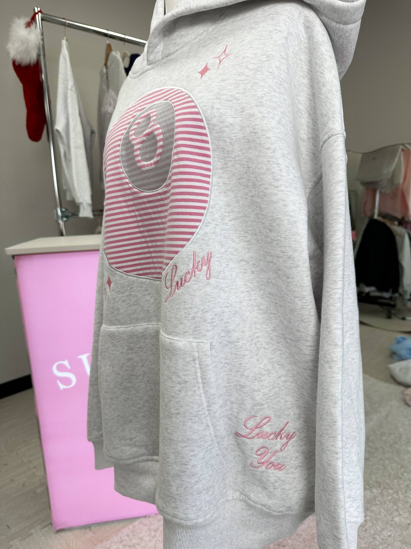 Pearl Grey Lucky You 8 Ball Embroider Hoodie: Pearl Grey / XS