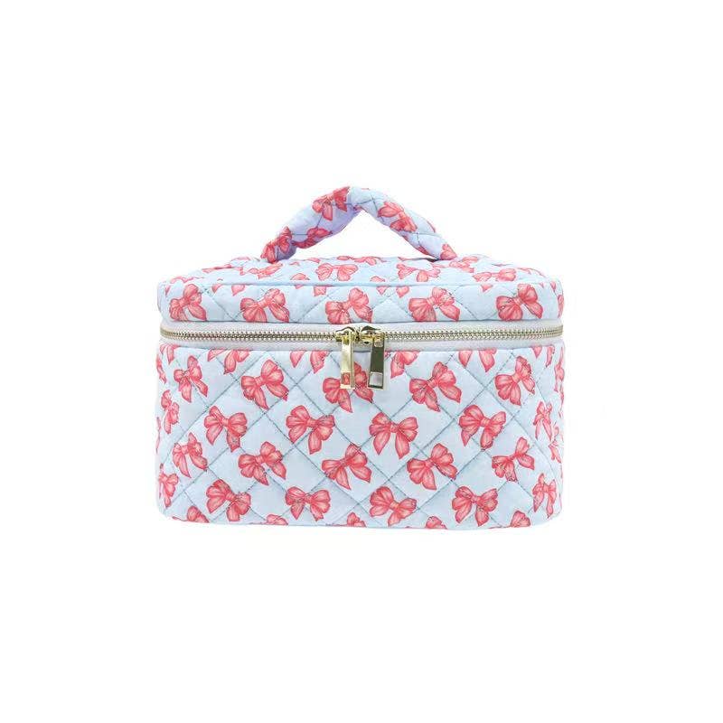 Karma Blue Ribbon Bow Quilted Makeup Cosmetic Vanity Bag
