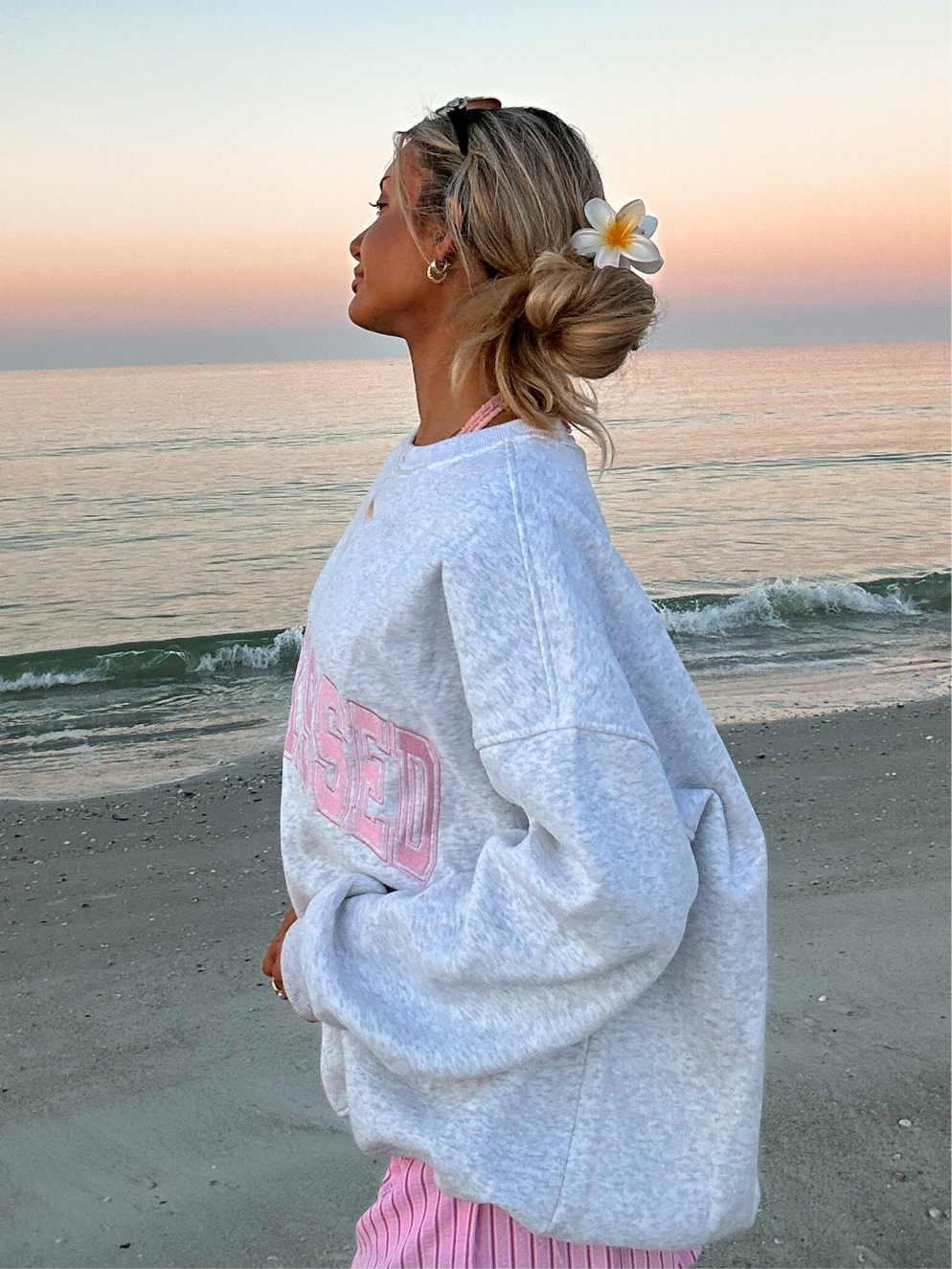 Pearl Grey w/ Pink Thread Sunkissed Varsity Embroider Sweats: Pearl Gray / Small