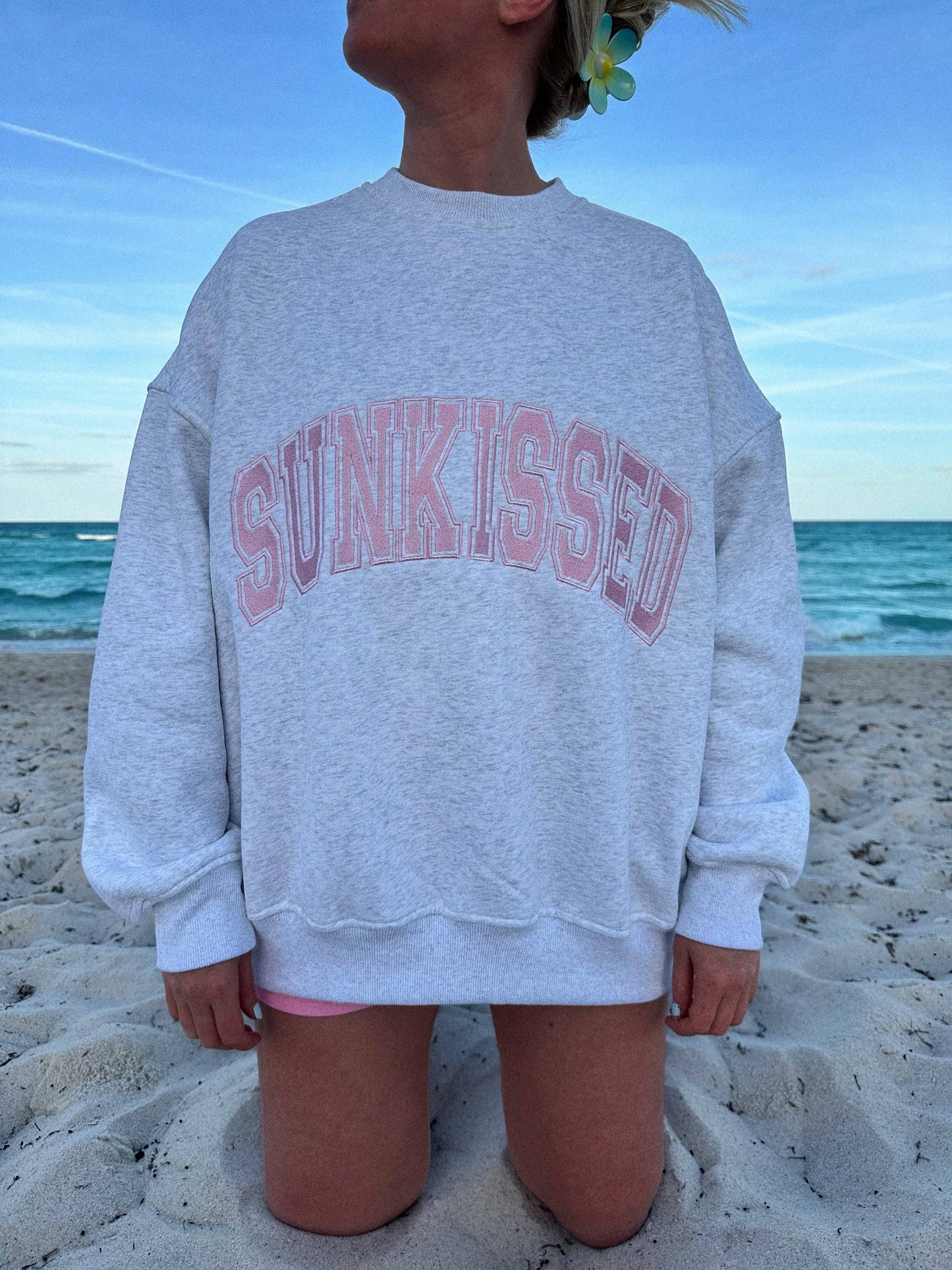 Pearl Grey w/ Pink Thread Sunkissed Varsity Embroider Sweats: Pearl Gray / Small