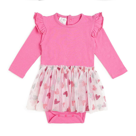 Glitter Heart Valentine's Day Long Sleeve Tutu Bodysuit: 12-18M