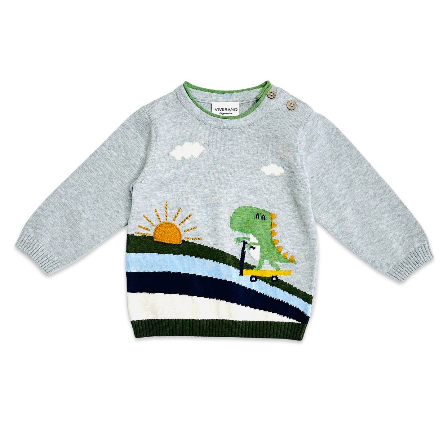 Dino Skater Rainbow Jacquard Knit Baby Pullover (Organic): Grey Heather