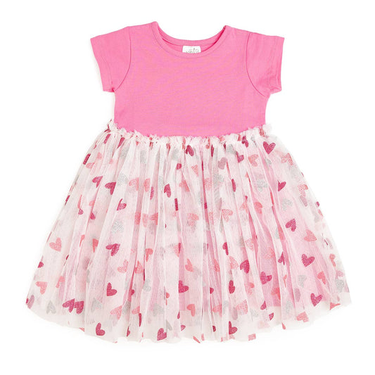 Glitter Heart Valentine's Day Short Sleeve Tutu Dress: